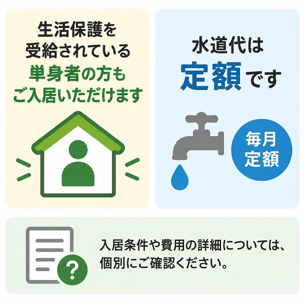 単身での入居相談も可能。水道代は月額定額3,000円
